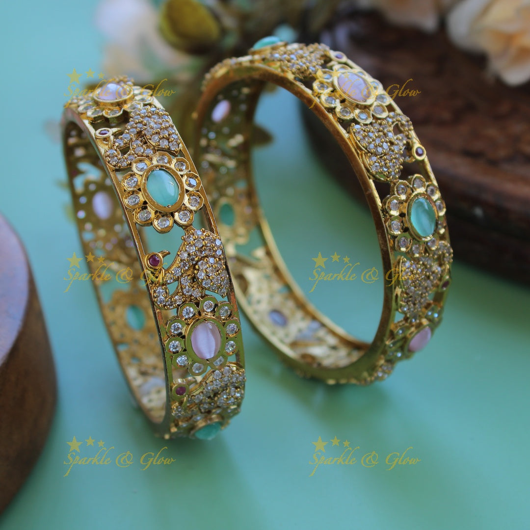 Stunning Peacock floral design bangles with multi colour stones a pair,