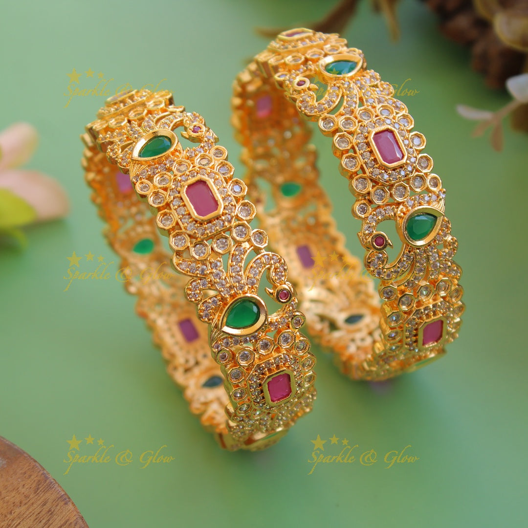 Premium Matt Peacock floral design bangles with ruby emerald and white stones a pair,  2.4