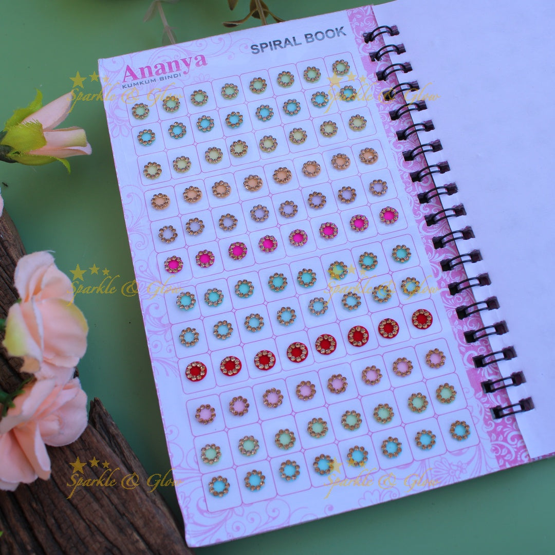 Ananya round stone bindi with different size in spiral book in pastel colours