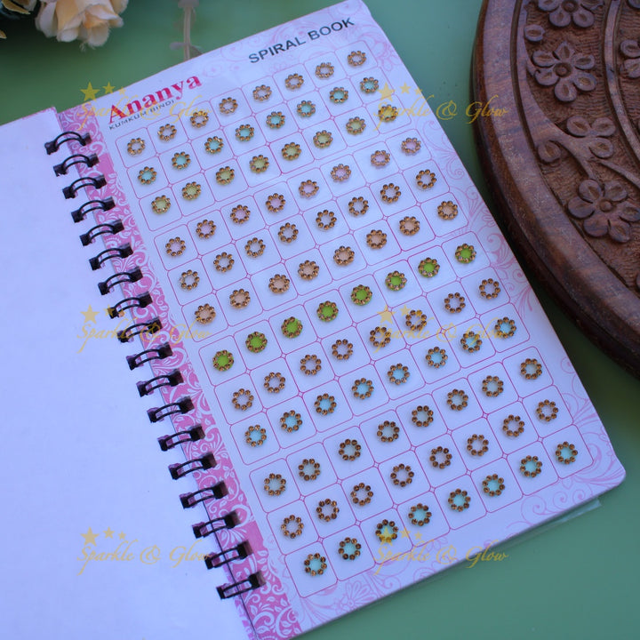 Ananya round stone bindi with different size in spiral book in pastel colours