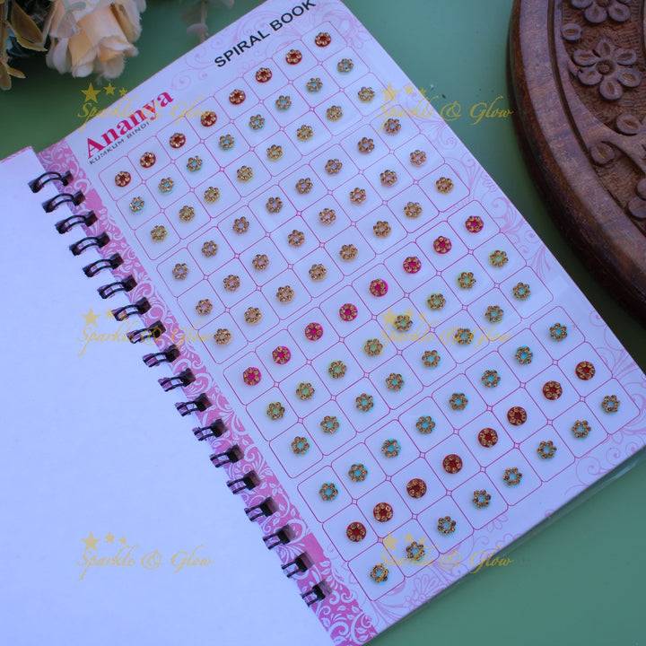 Ananya round stone bindi with different size in spiral book in pastel colours
