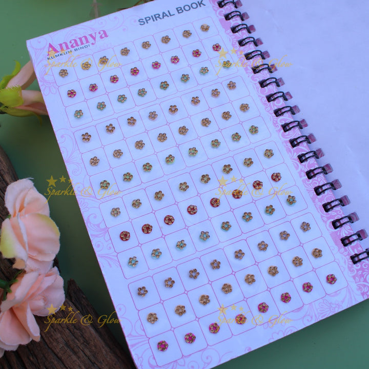 Ananya round stone bindi with different size in spiral book in pastel colours