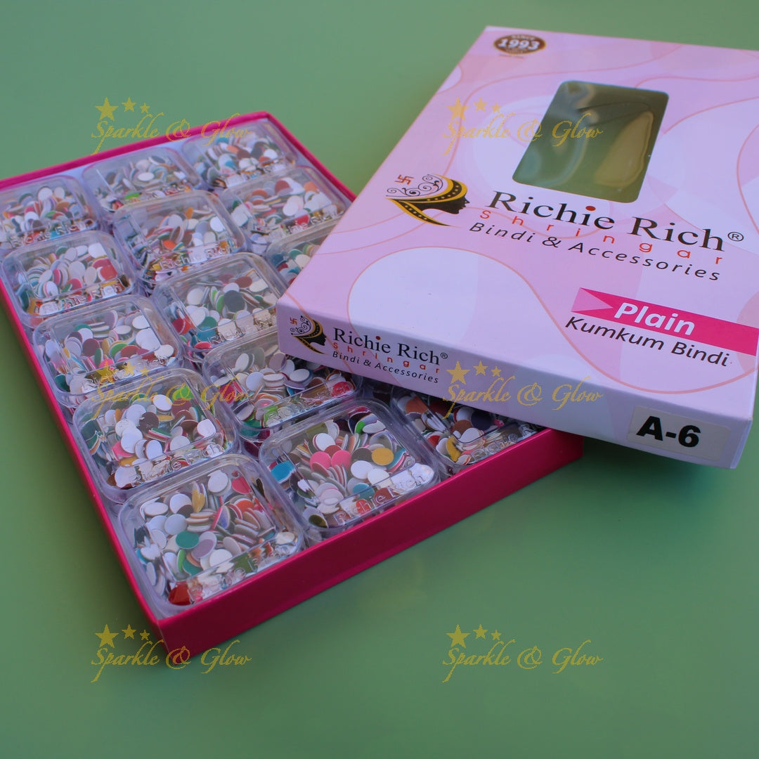Richie Rich round plain bindi in box in assorted colours size - 6
