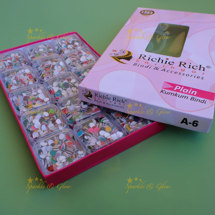 Richie Rich round plain bindi in box in assorted colours size - 6