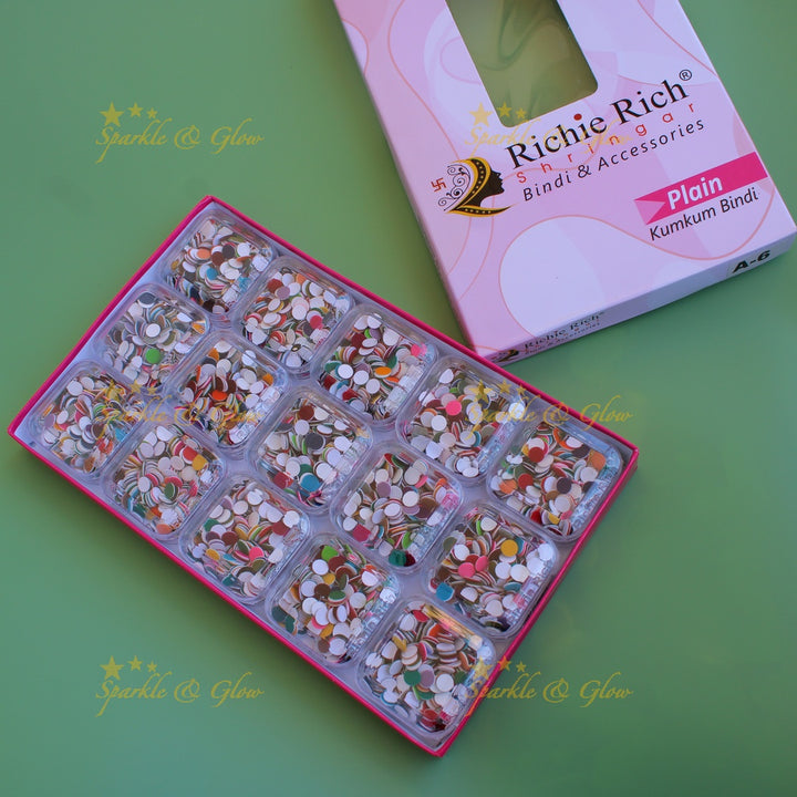 Richie Rich round plain bindi in box in assorted colours size - 6