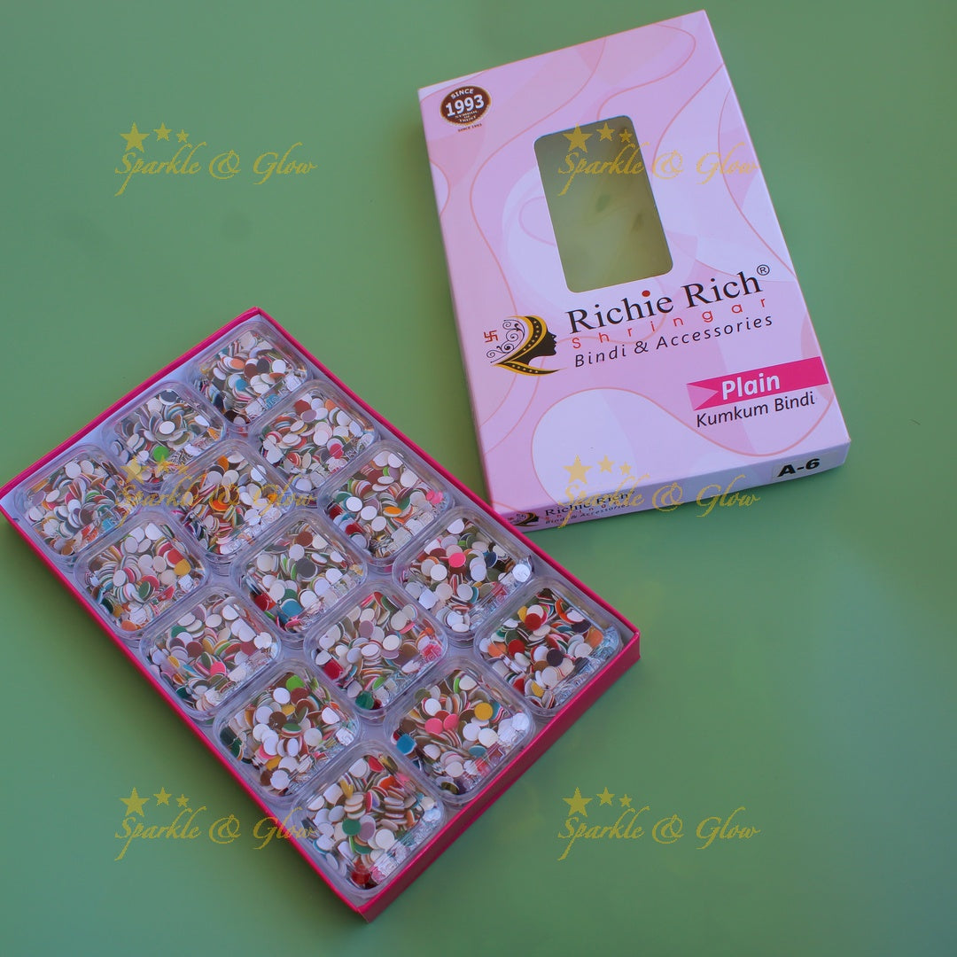 Richie Rich round plain bindi in box in assorted colours size - 6