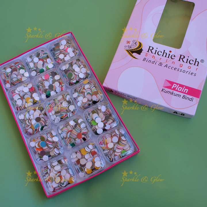 Richie Rich round plain bindi in box in assorted colours size - 8