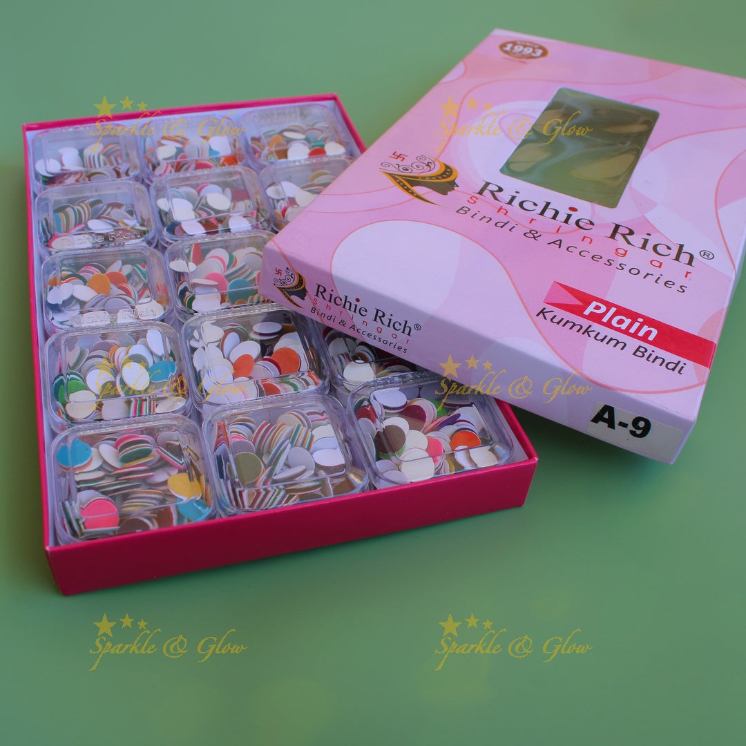 Richie Rich round plain bindi in box in assorted colours size - 9