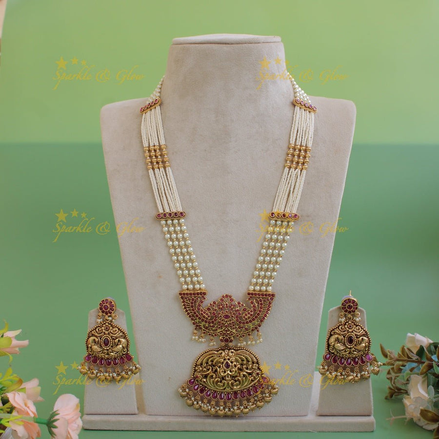 Gorgeous Peacock floral kemp stone pendent Haram with multi layer pearl and gold beads chain - red - Sparkle and Glow - Red - Back Thread