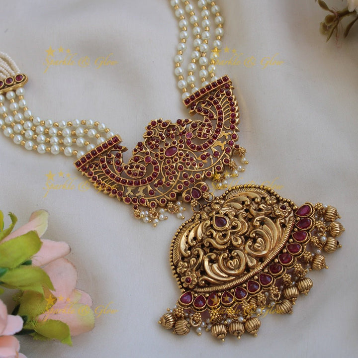 Gorgeous Peacock floral kemp stone pendent Haram with multi layer pearl and gold beads chain - red - Sparkle and Glow - Red - Back Thread