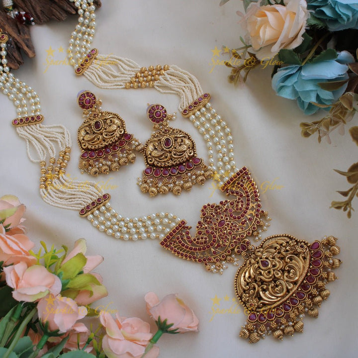 Gorgeous Peacock floral kemp stone pendent Haram with multi layer pearl and gold beads chain - red - Sparkle and Glow - Multi - Back Thread