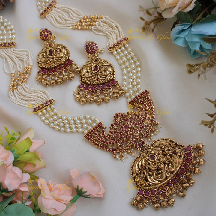 Gorgeous Peacock floral kemp stone pendent Haram with multi layer pearl and gold beads chain - red - Sparkle and Glow - Red - Back Thread