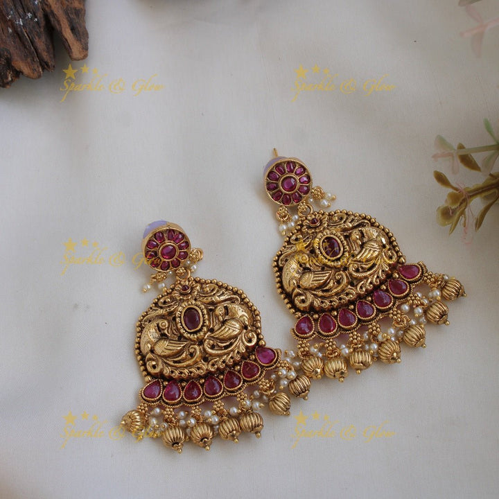 Gorgeous Peacock floral kemp stone pendent Haram with multi layer pearl and gold beads chain - red - Sparkle and Glow - Red - Back Thread