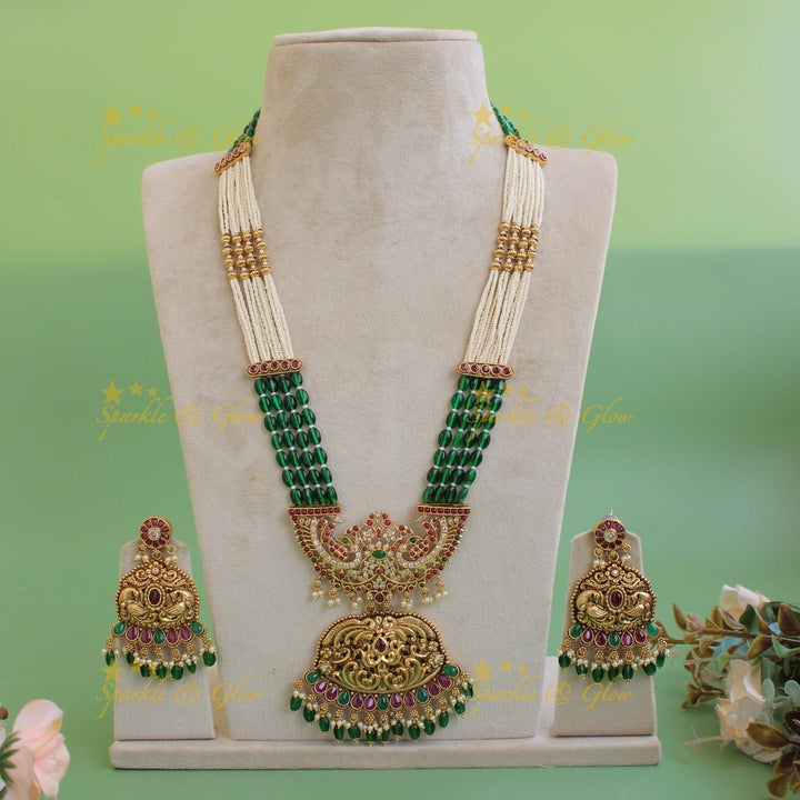 Gorgeous Peacock floral kemp stone pendent Haram with multi layer pearl and gold beads chain - red - Sparkle and Glow - Red - Back Thread