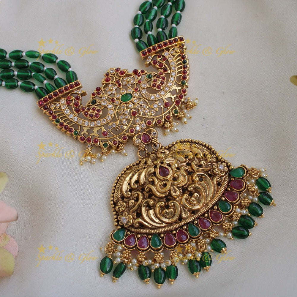 Gorgeous Peacock floral kemp stone pendent Haram with multi layer pearl and gold beads chain - red - Sparkle and Glow - Red - Back Thread