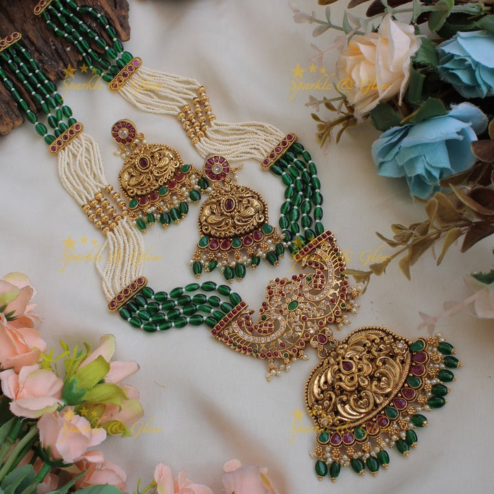 Gorgeous Peacock floral kemp stone pendent Haram with multi layer pearl and gold beads chain - red - Sparkle and Glow - Multi - Back Thread