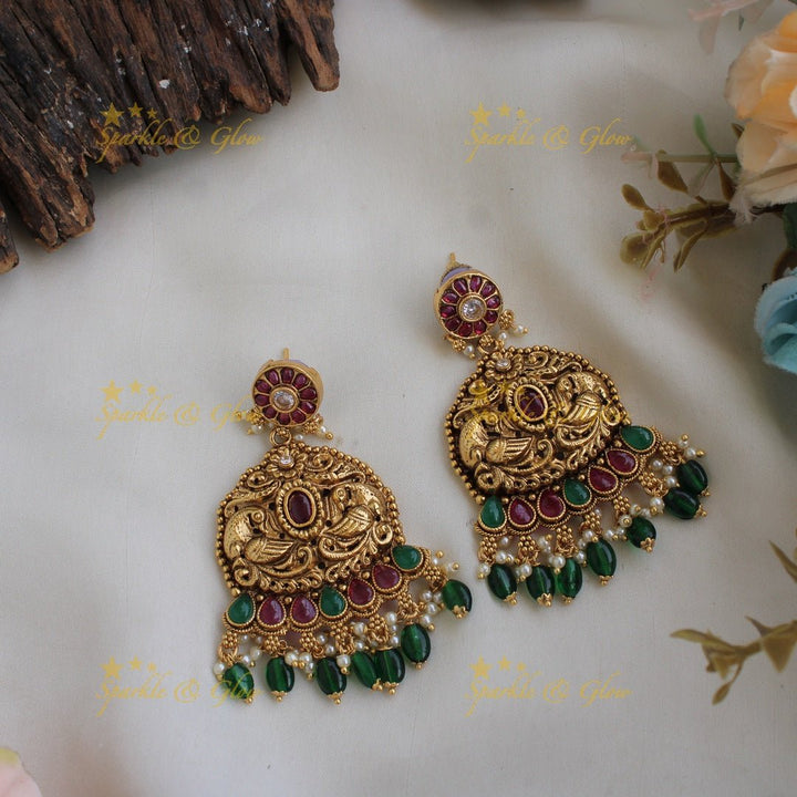 Gorgeous Peacock floral kemp stone pendent Haram with multi layer pearl and gold beads chain - red - Sparkle and Glow - Red - Back Thread