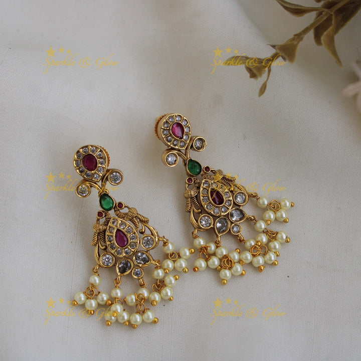 Grand intricate Peacock gutta pusalu Long necklace with ruby and emerald