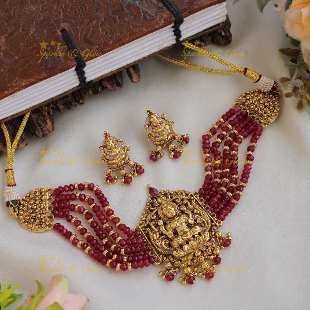 Statement Lakshmi choker with multi layer gold and red beads - red - Sparkle and Glow - Red - Back Thread