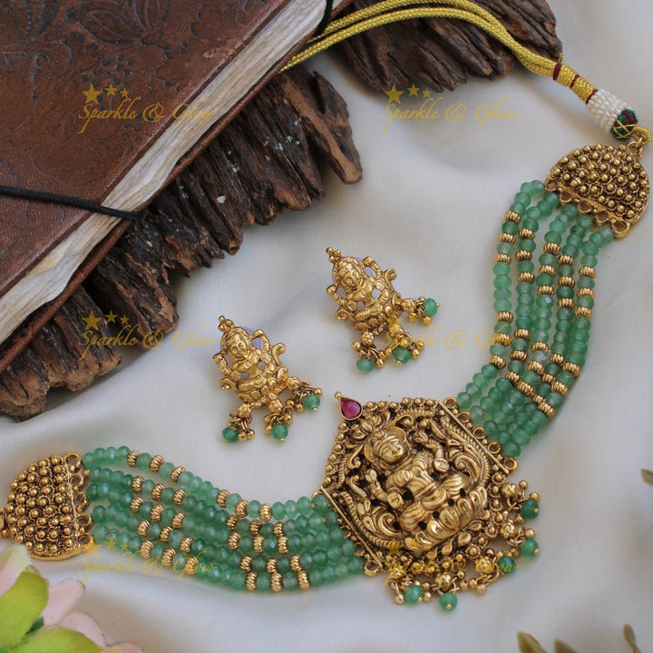 Statement Lakshmi choker with multi layer gold and red beads - red - Sparkle and Glow - Mintgreen - Back Thread