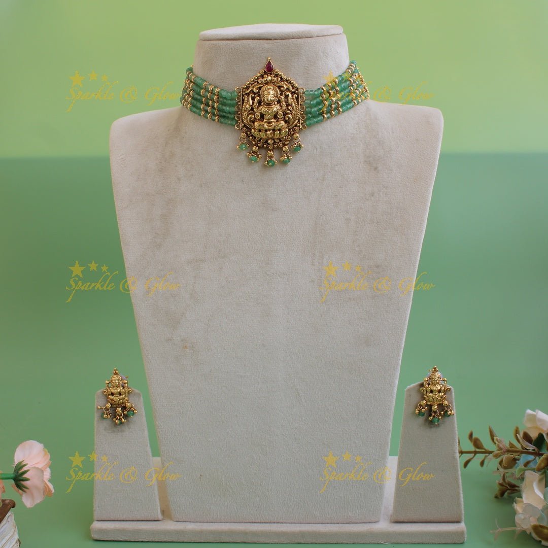 Statement Lakshmi choker with multi layer gold and red beads - red - Sparkle and Glow - Red - Back Thread