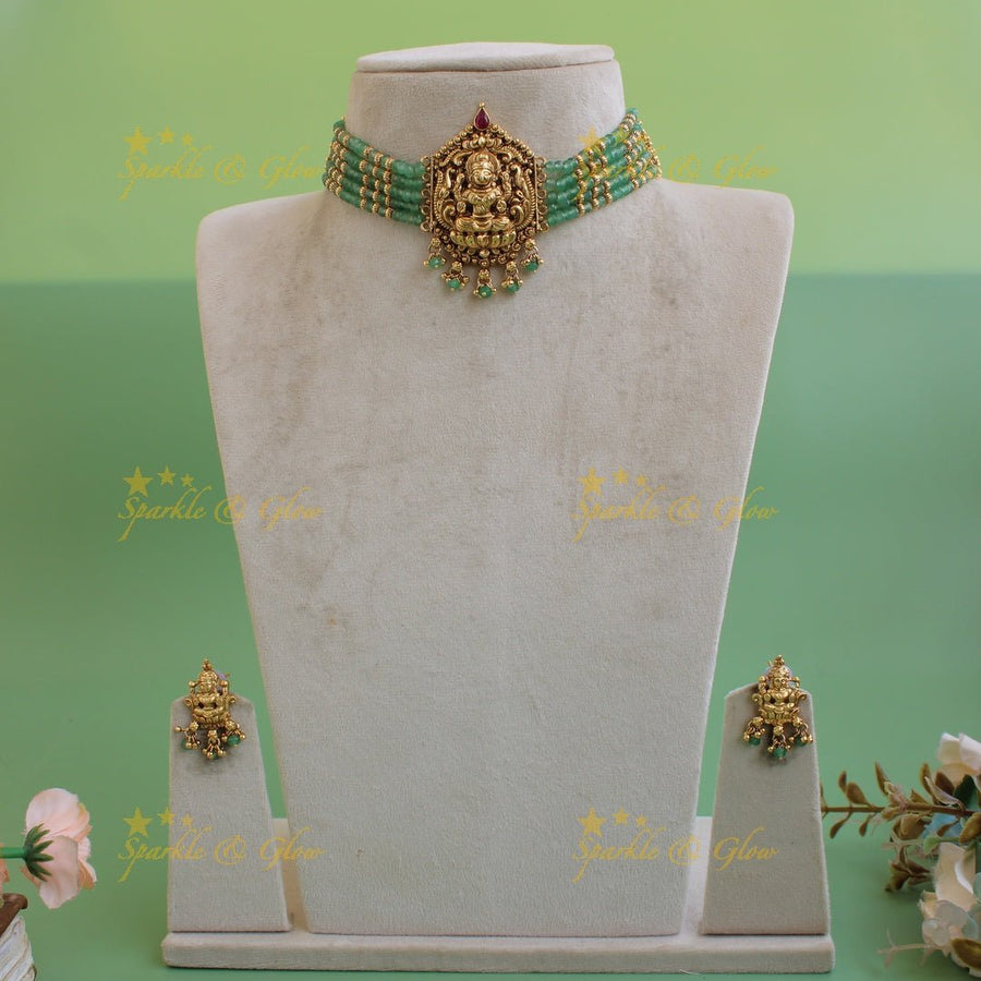Statement Lakshmi choker with multi layer gold and red beads - red - Sparkle and Glow - Red - Back Thread