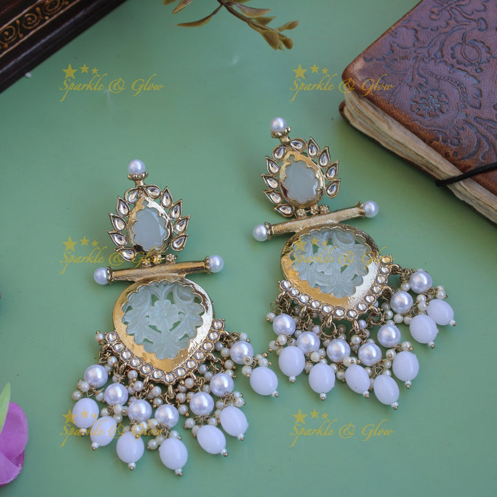 Bollywood inspired Statement flower carved leaf design balis with white colour stone pearls and beads