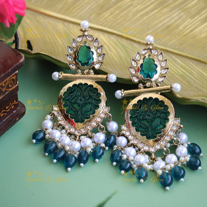 Bollywood inspired Statement flower carved leaf design balis with white colour stone pearls and beads