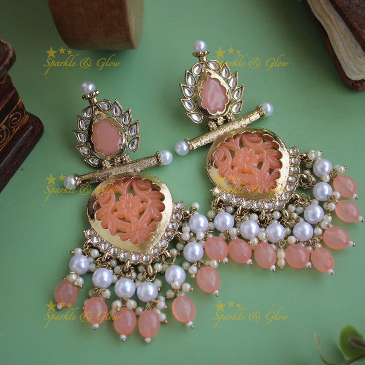 Bollywood inspired Statement flower carved leaf design balis with white colour stone pearls and beads