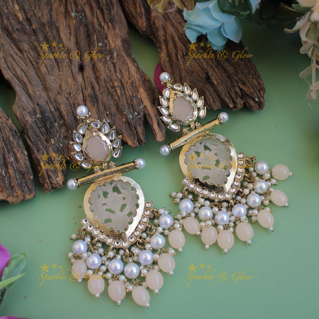 Bollywood inspired Statement flower carved leaf design balis with white colour stone pearls and beads