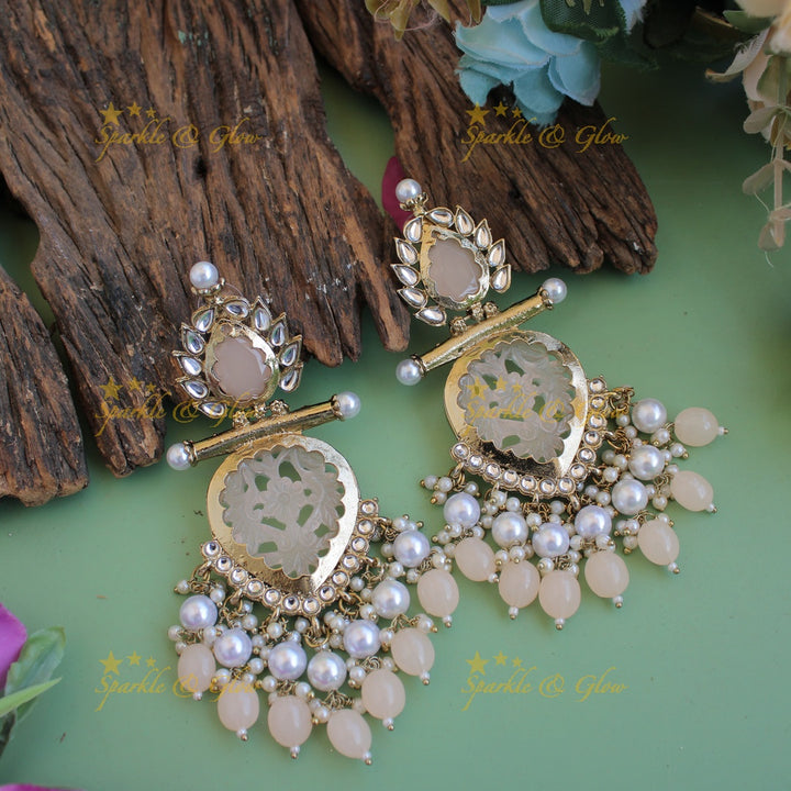 Bollywood inspired Statement flower carved leaf design balis with white colour stone pearls and beads