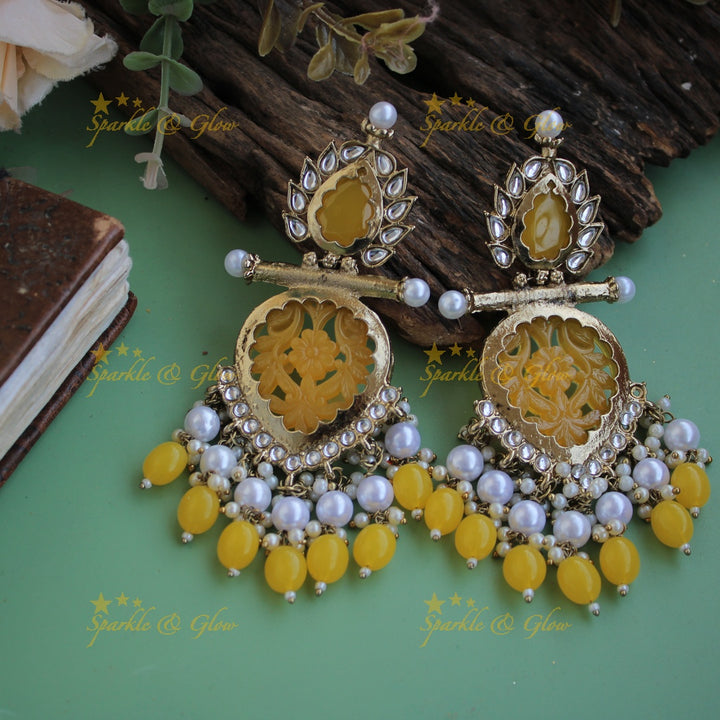 Bollywood inspired Statement flower carved leaf design balis with white colour stone pearls and beads