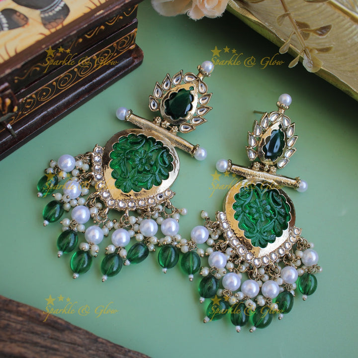 Bollywood inspired Statement flower carved leaf design balis with white colour stone pearls and beads