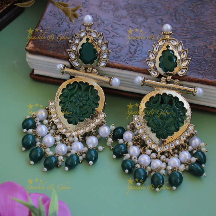Bollywood inspired Statement flower carved leaf design balis with white colour stone pearls and beads