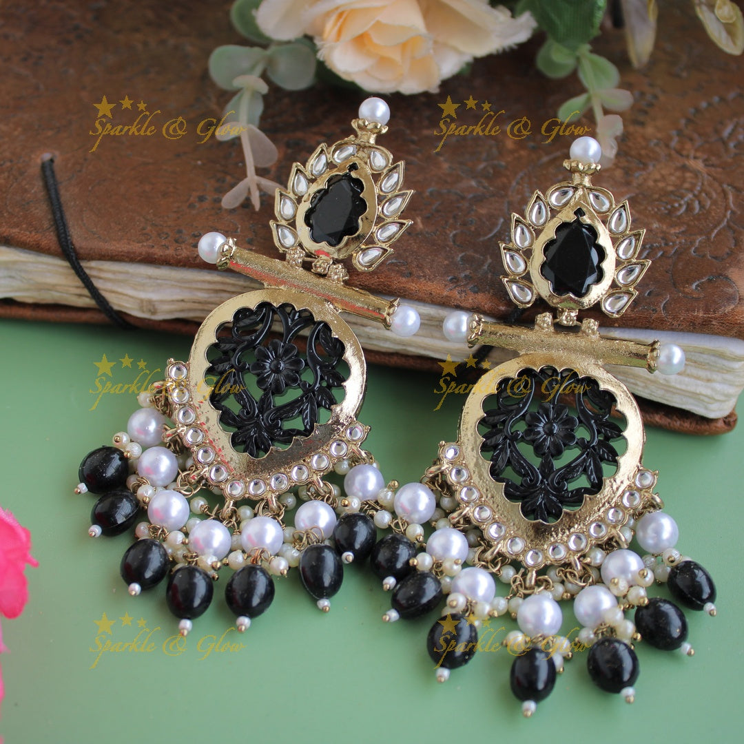 Bollywood inspired Statement flower carved leaf design balis with white colour stone pearls and beads