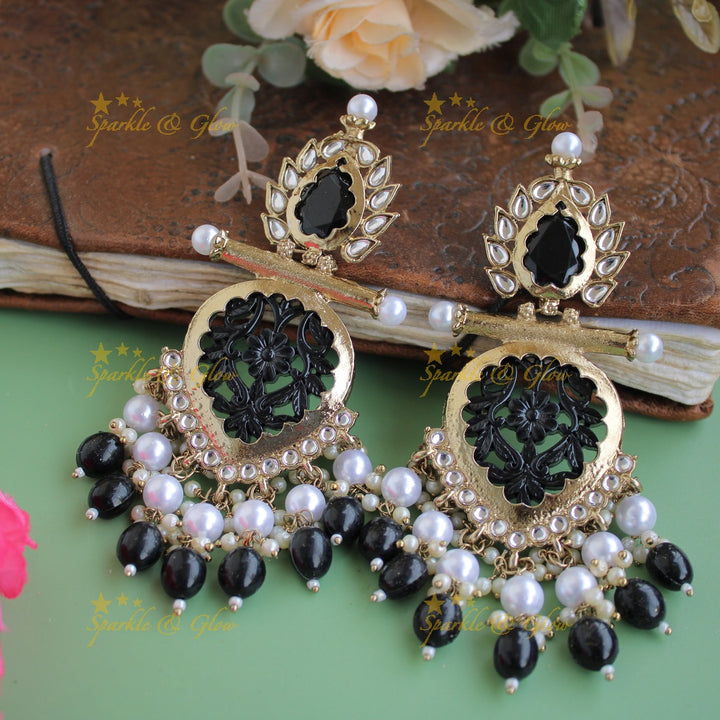 Bollywood inspired Statement flower carved leaf design balis with white colour stone pearls and beads