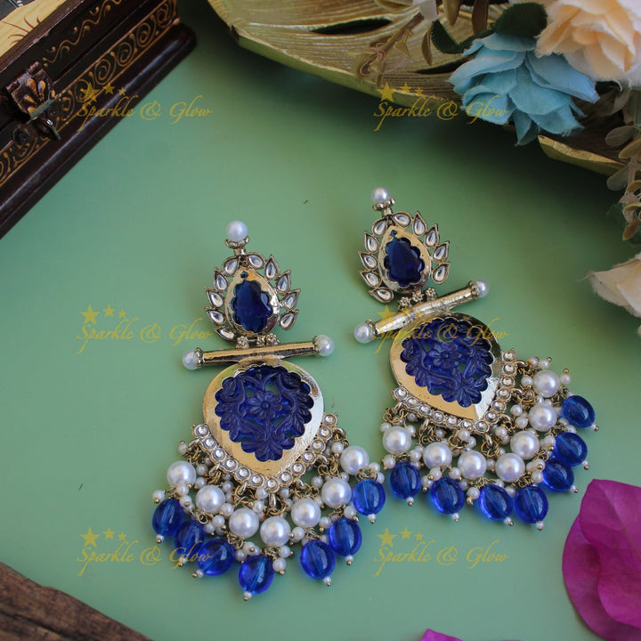 Bollywood inspired Statement flower carved leaf design balis with white colour stone pearls and beads