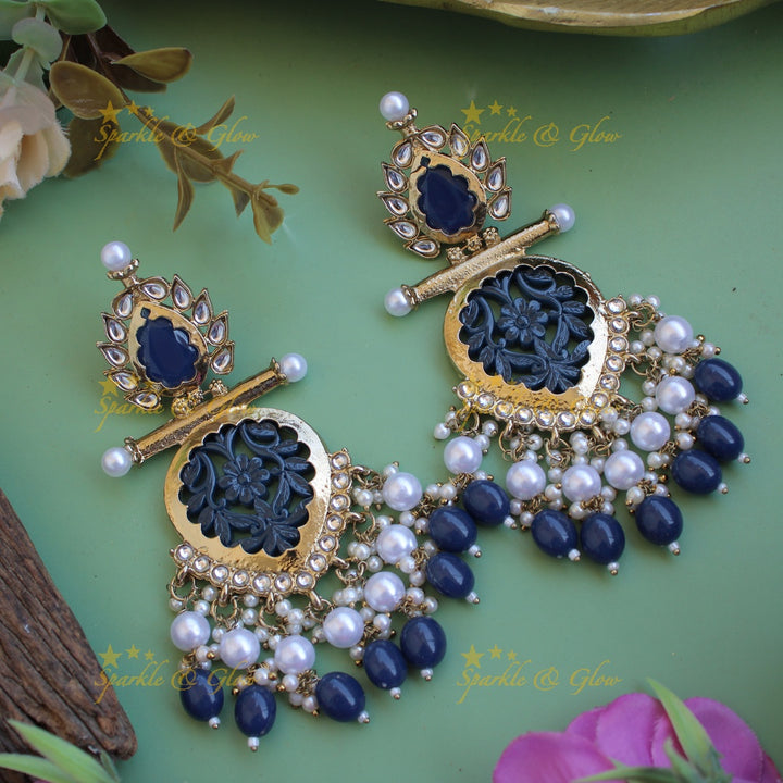 Bollywood inspired Statement flower carved leaf design balis with white colour stone pearls and beads