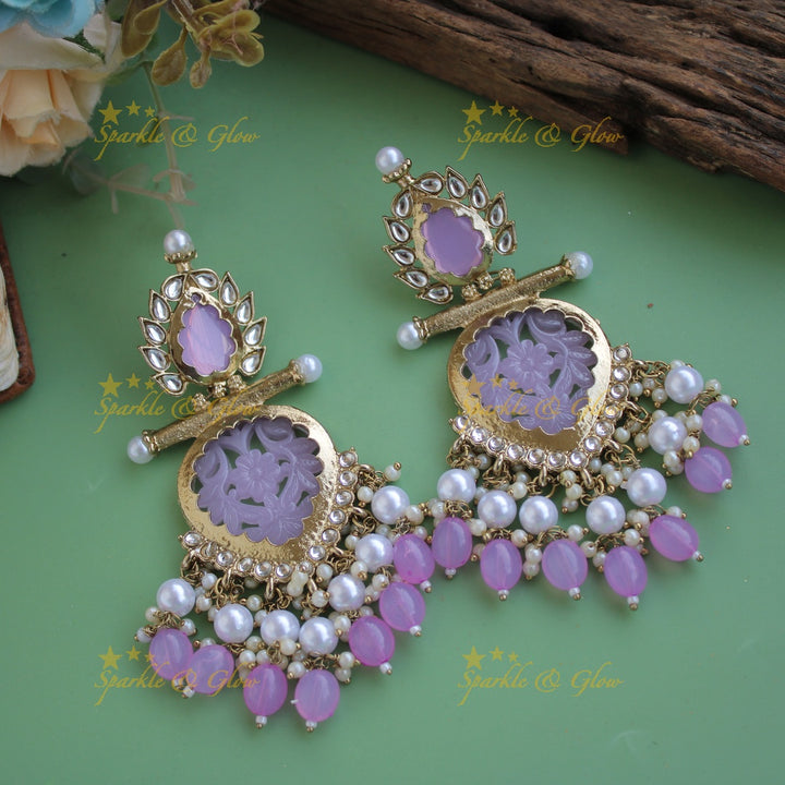Bollywood inspired Statement flower carved leaf design balis with white colour stone pearls and beads