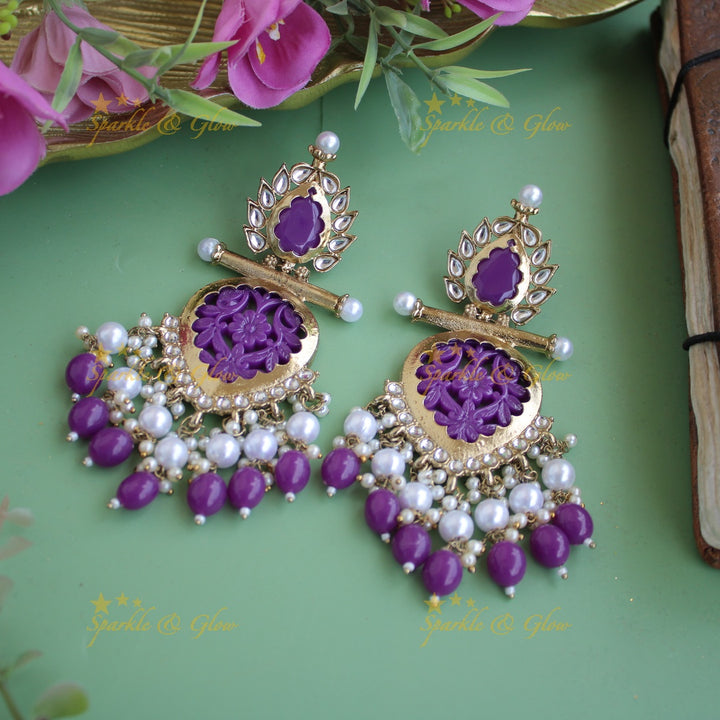 Bollywood inspired Statement flower carved leaf design balis with white colour stone pearls and beads