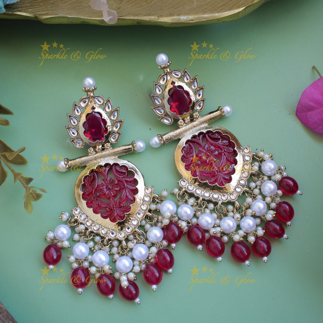 Bollywood inspired Statement flower carved leaf design balis with white colour stone pearls and beads