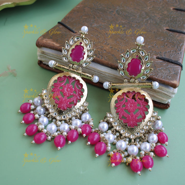 Bollywood inspired Statement flower carved leaf design balis with white colour stone pearls and beads