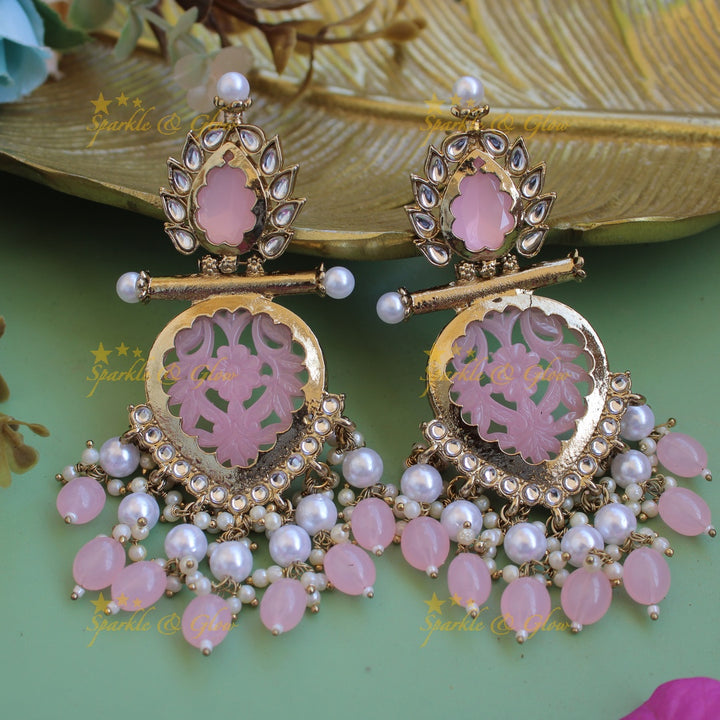 Bollywood inspired Statement flower carved leaf design balis with white colour stone pearls and beads