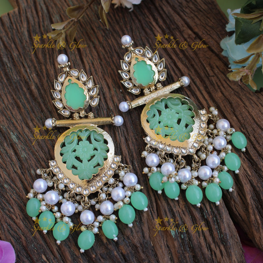 Bollywood inspired Statement flower carved leaf design balis with white colour stone pearls and beads