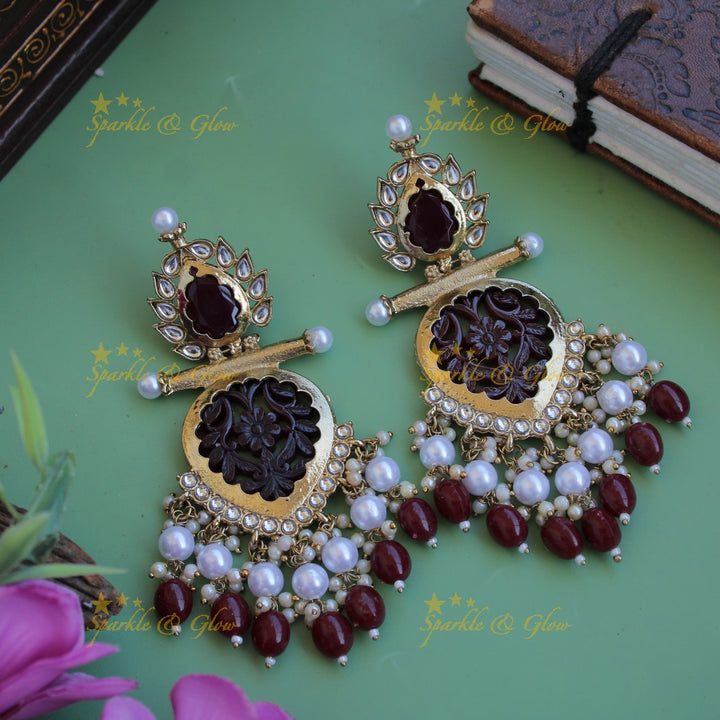 Bollywood inspired Statement flower carved leaf design balis with white colour stone pearls and beads