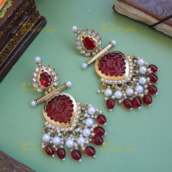 Bollywood inspired Statement flower carved leaf design balis with white colour stone pearls and beads