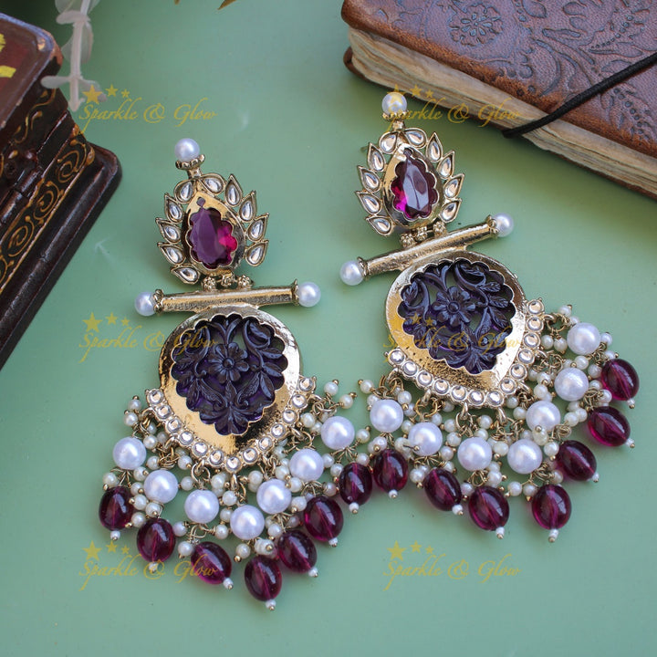 Bollywood inspired Statement flower carved leaf design balis with white colour stone pearls and beads