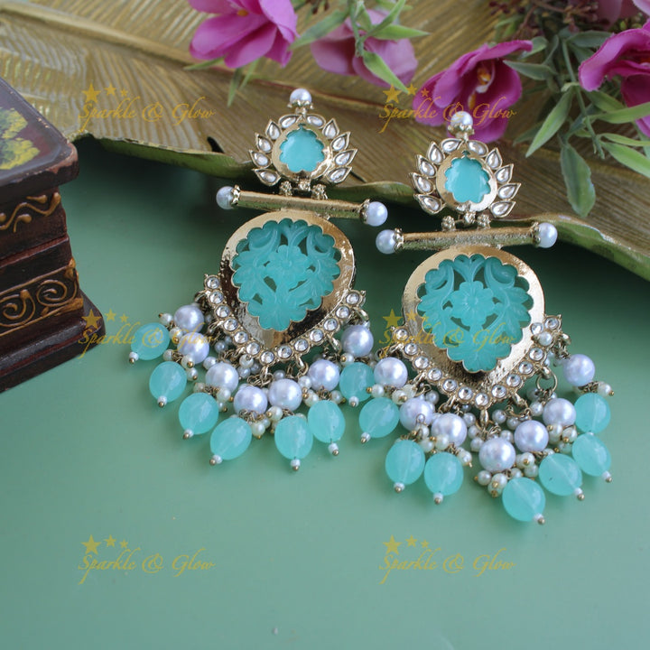 Bollywood inspired Statement flower carved leaf design balis with white colour stone pearls and beads