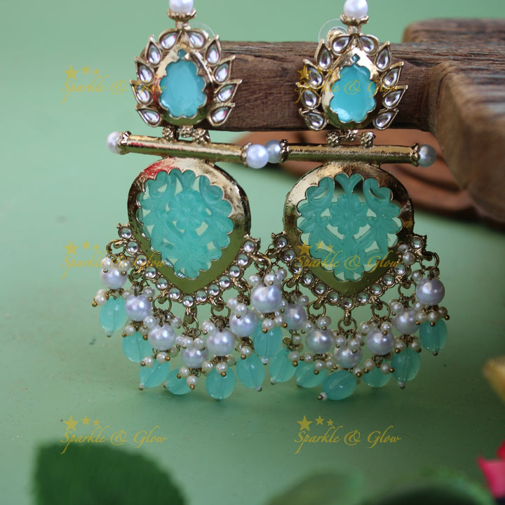 Bollywood inspired Statement flower carved leaf design balis with white colour stone pearls and beads