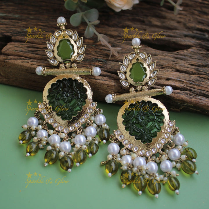 Bollywood inspired Statement flower carved leaf design balis with white colour stone pearls and beads